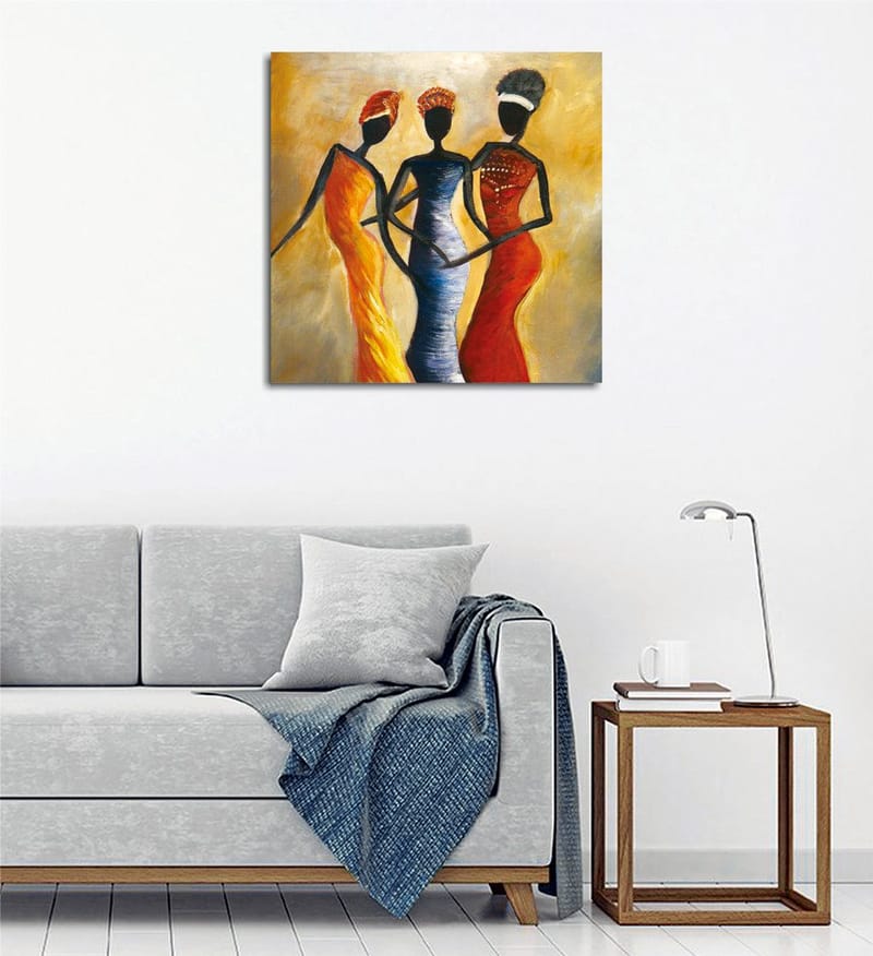 Lerretsbilde 45x45 cm - Tre stiliserte kvinner i fargerike kjoler, Rød / Gul / Svart