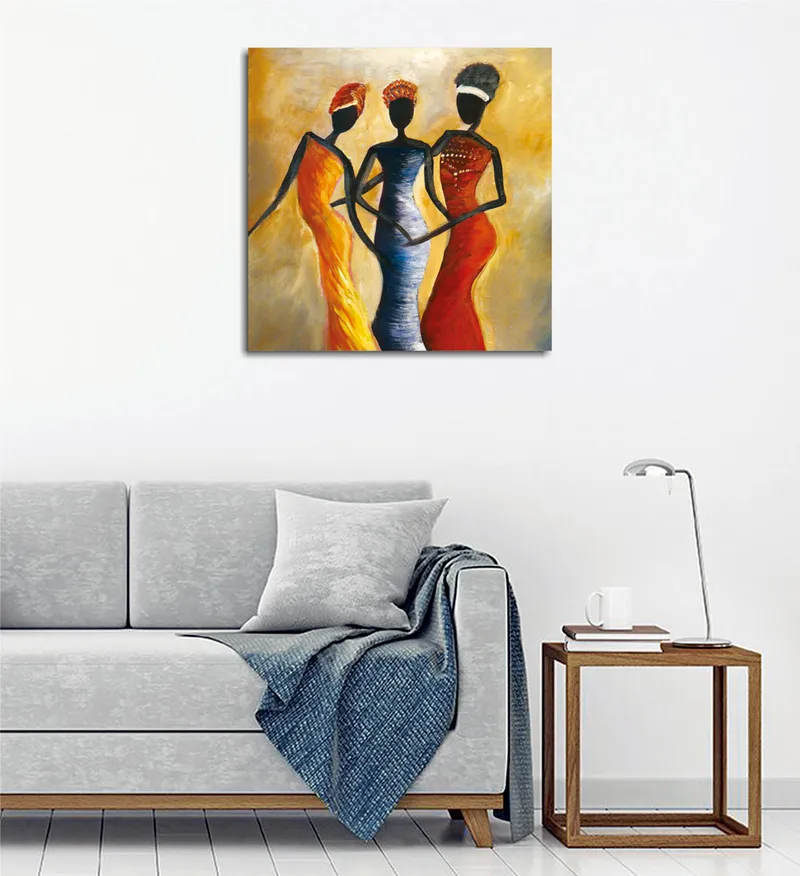 Lerretsbilde 45x45 cm - Tre stiliserte kvinner i fargerike kjoler, Rød / Gul / Svart