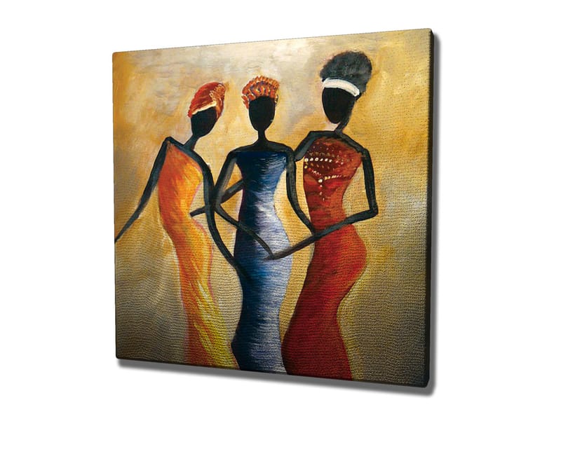 Lerretsbilde 45x45 cm - Tre stiliserte kvinner i fargerike kjoler - Rød / Gul / Svart - Innredning - Bilder & kunst - Lerretsbilder