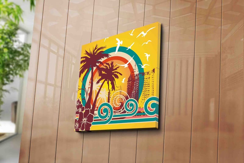 Lerretsbilde 45x45 cm - Tropisk strandscene med palmer og havbølger - Mørk rød / Turkis / Gul - Innredning - Bilder & kunst - Lerretsbilder