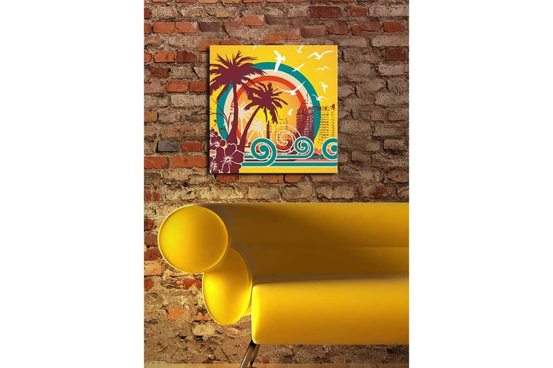 Lerretsbilde 45x45 cm - Tropisk strandscene med palmer og havbølger - Mørk rød / Turkis / Gul - Innredning - Bilder & kunst - Lerretsbilder