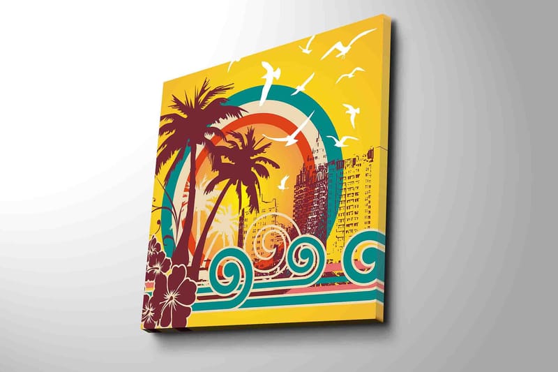 Lerretsbilde 45x45 cm - Tropisk strandscene med palmer og havbølger - Mørk rød / Turkis / Gul - Innredning - Bilder & kunst - Lerretsbilder