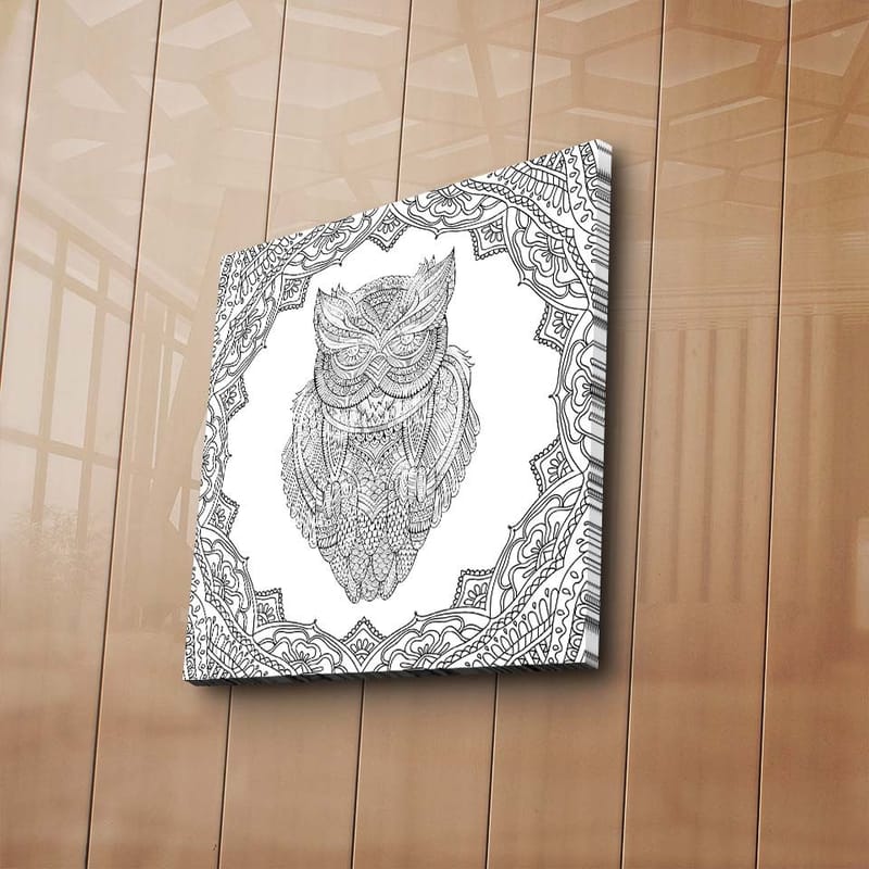 Lerretsbilde 45x45 cm - Ugle i detaljert strektegning omgitt av ornamentale mønstre - Svart / Hvit - Innredning - Bilder & kunst - Lerretsbilder