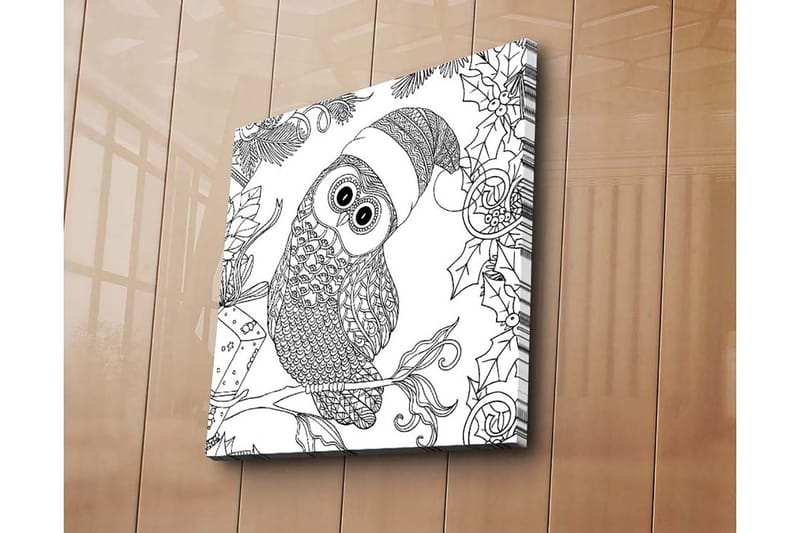 Lerretsbilde 45x45 cm - Ugle med nisselue omgitt av juledetaljer - Svart / Hvit - Innredning - Bilder & kunst - Lerretsbilder