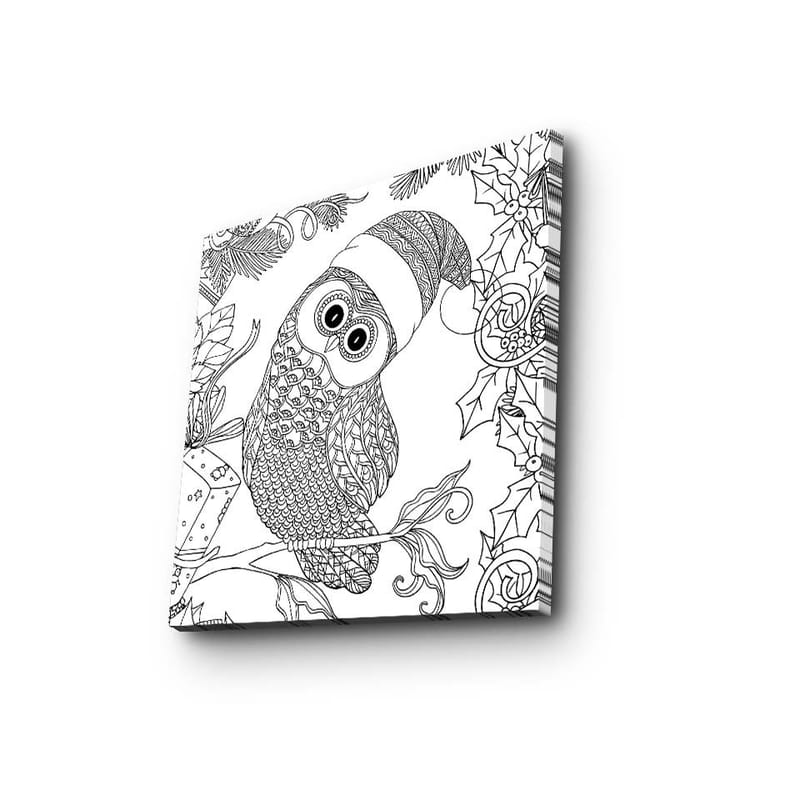 Lerretsbilde 45x45 cm - Ugle med nisselue omgitt av julepynt - Svart / Hvit - Innredning - Bilder & kunst - Lerretsbilder