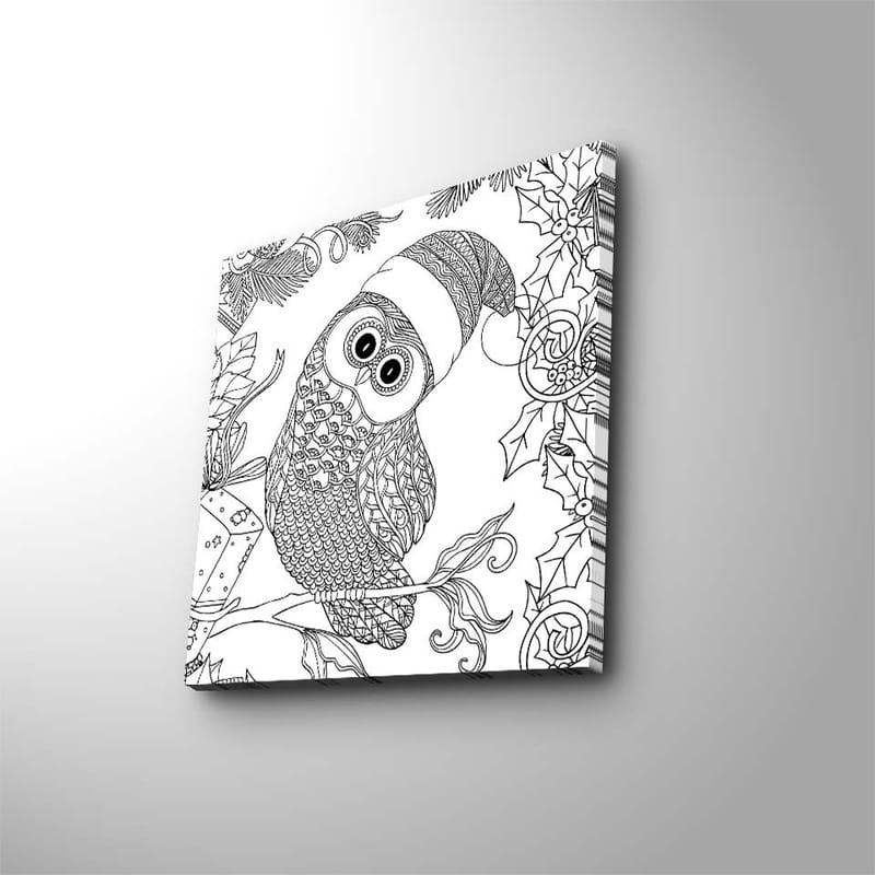 Lerretsbilde 45x45 cm - Ugle med nisselue omgitt av julepynt, Svart / Hvit