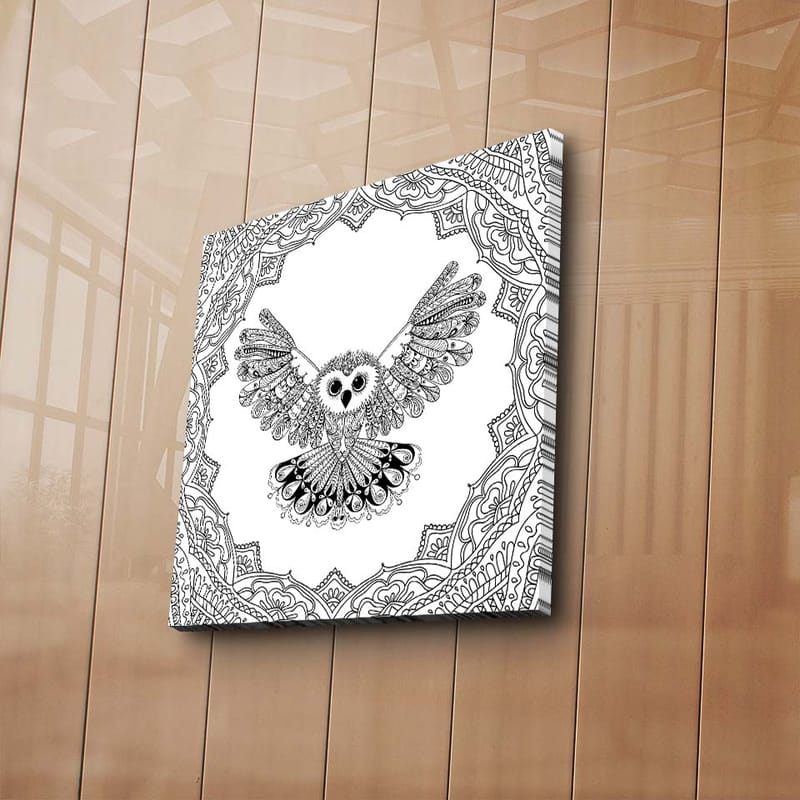 Lerretsbilde 45x45 cm - Ugle med utstrakte vinger i en detaljert ramme - Svart / Hvit - Innredning - Bilder & kunst - Lerretsbilder