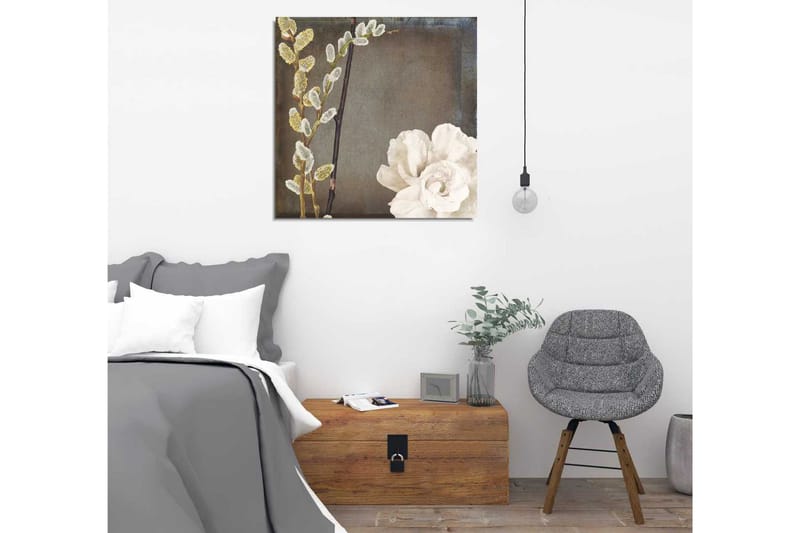 Lerretsbilde 45x45 cm - Vakker komposisjon av blomster og kvister - Hvit / Grå / Beige - Innredning - Bilder & kunst - Lerretsbilder