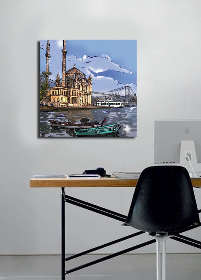 Lerretsbilde 45x45 cm - Vakker utsikt over en historisk moské ved vannet med båter i forgrunnen - Blå / Beige / Grønn - Innredning - Bilder & kunst - Lerretsbilder