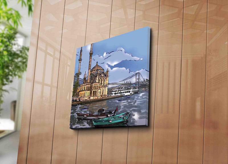 Lerretsbilde 45x45 cm - Vakker utsikt over en historisk moské ved vannet med båter i forgrunnen - Blå / Beige / Grønn - Innredning - Bilder & kunst - Lerretsbilder