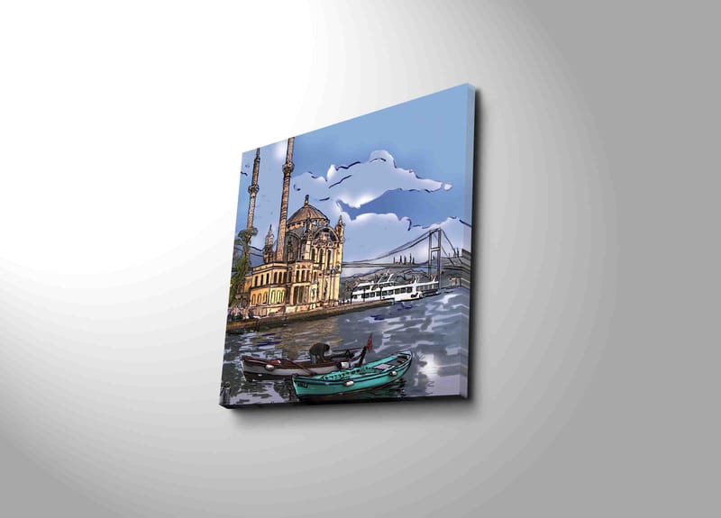 Lerretsbilde 45x45 cm - Vakker utsikt over en historisk moské ved vannet med båter i forgrunnen - Blå / Beige / Grønn - Innredning - Bilder & kunst - Lerretsbilder