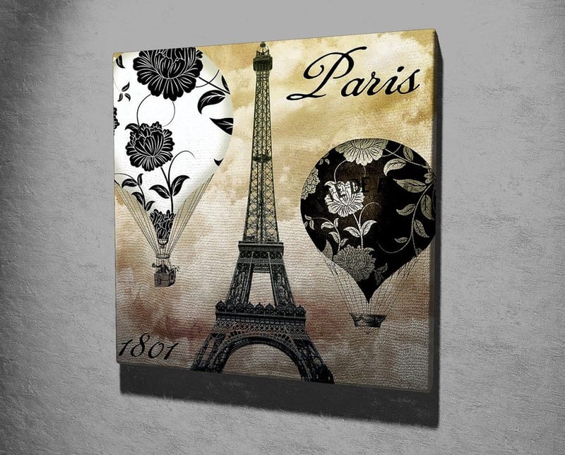 Lerretsbilde 45x45 cm - Varmluftsballonger og Eiffeltårnet i romantisk stil - Svart / Beige / Hvit - Innredning - Bilder & kunst - Lerretsbilder