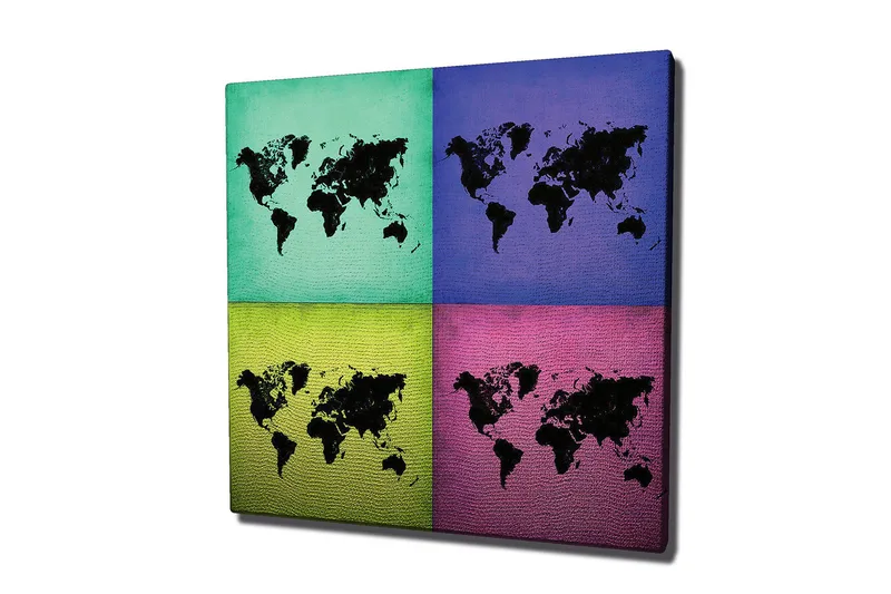 Lerretsbilde 45x45 cm - Verdenskart i fire fargerike seksjoner - Turkis / Lilla / Grønn - Innredning - Bilder & kunst - Lerretsbilder