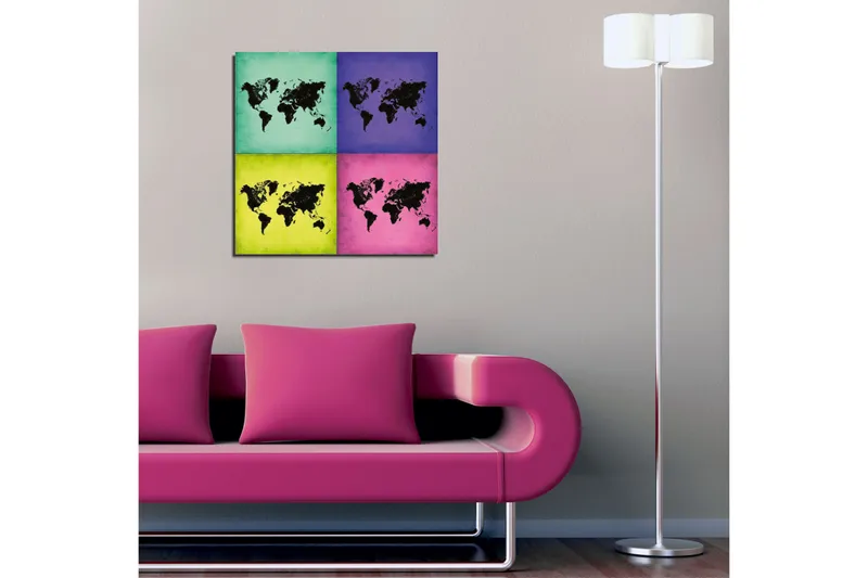 Lerretsbilde 45x45 cm - Verdenskart i fire fargerike seksjoner - Turkis / Lilla / Grønn - Innredning - Bilder & kunst - Lerretsbilder