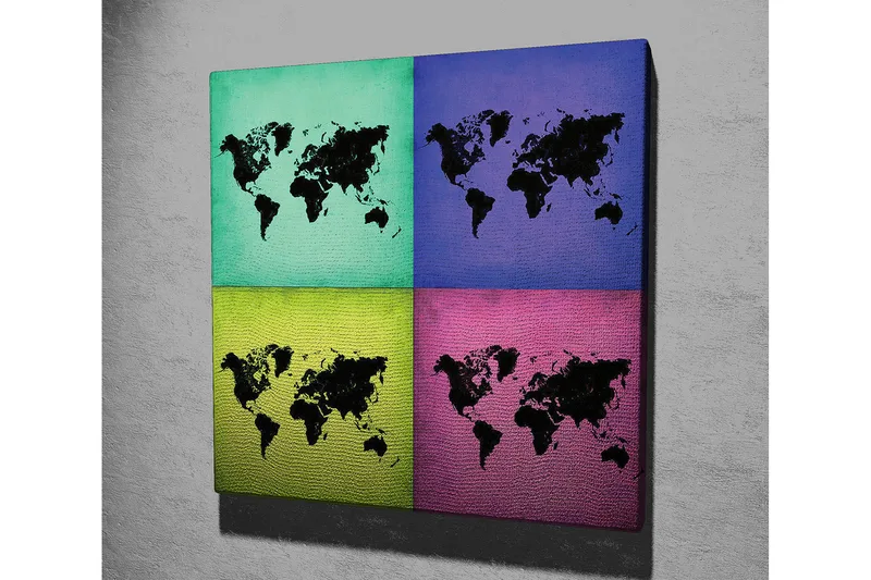 Lerretsbilde 45x45 cm - Verdenskart i fire fargerike seksjoner - Turkis / Lilla / Grønn - Innredning - Bilder & kunst - Lerretsbilder