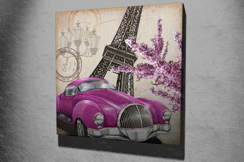 Lerretsbilde 45x45 cm - Veteranbil i knall lilla med Eiffeltårnet og blomster i bakgrunnen, Lilla / Rosa / Grå