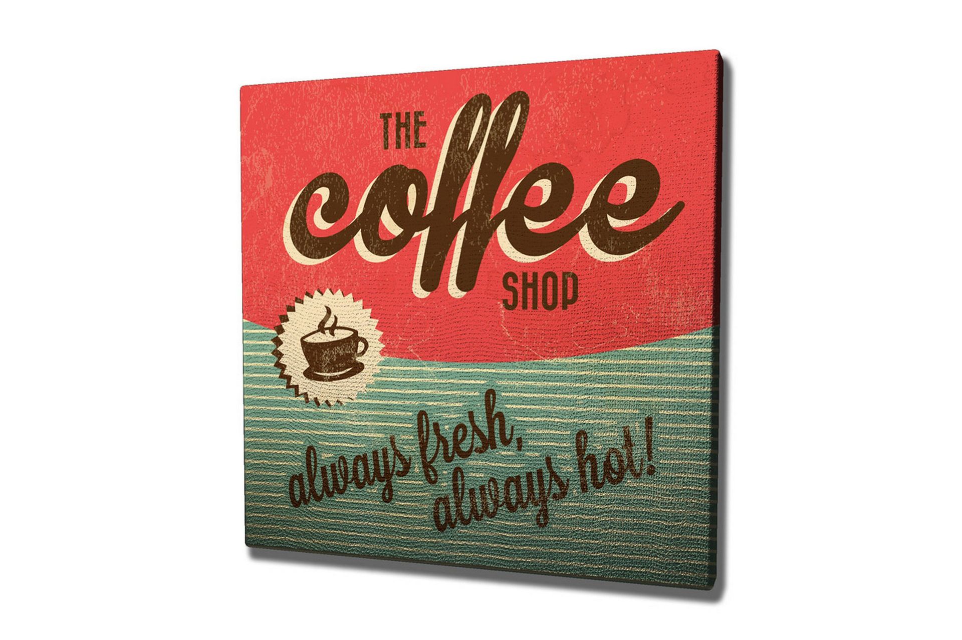 Lerretsbilde 45x45 cm - Vintage skilt til kaf&eacute; med tekst og kaffekopp - R&oslash;d / Gr&oslash;nn / Brun