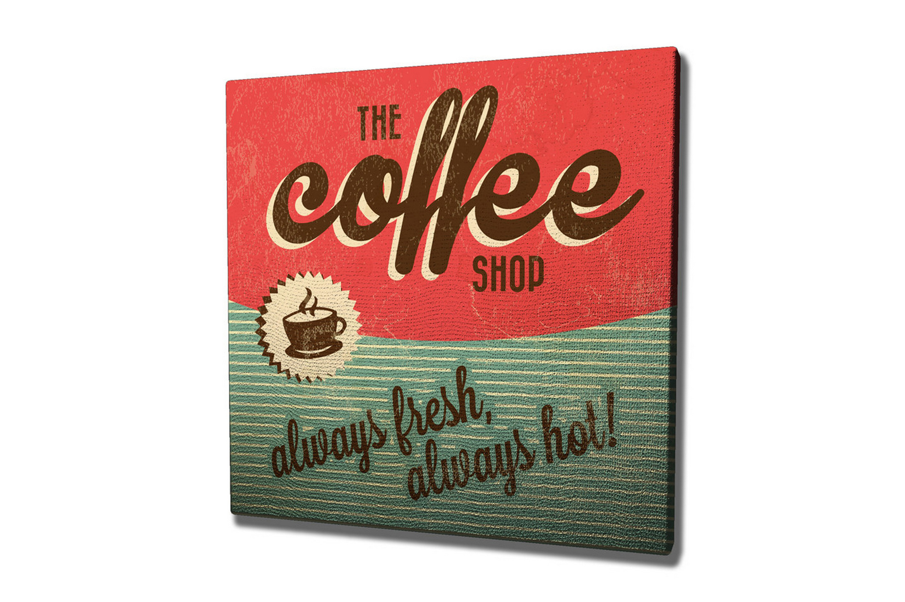 Lerretsbilde 45x45 cm - Vintage skilt til kafé med tekst og kaffekopp - Rød / Grønn / Brun
