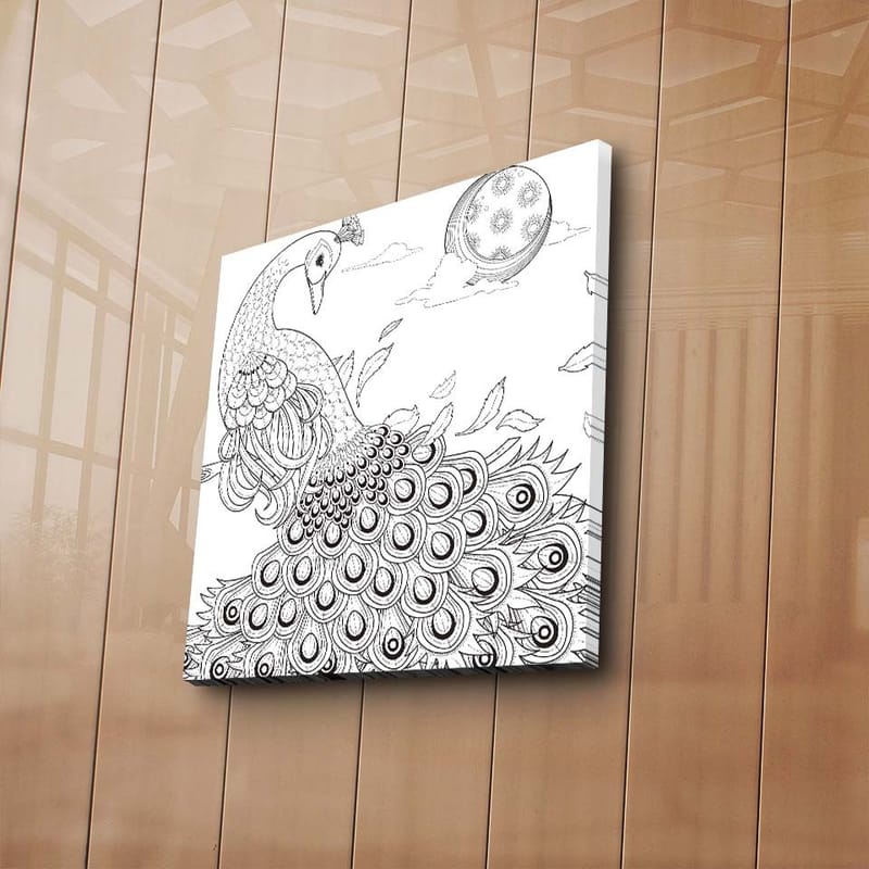 Lerretsbilde 45x45 cm - Påfugl med detaljert fjærdrakt - Svart / Hvit - Innredning - Bilder & kunst - Lerretsbilder