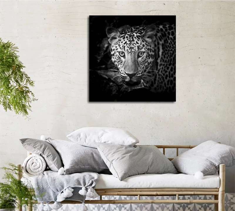 Lerretsbilde 45x45 cm - Portrett av en leopard med intense øyne - Svart / Hvit / Grå - Innredning - Bilder & kunst - Lerretsbilder