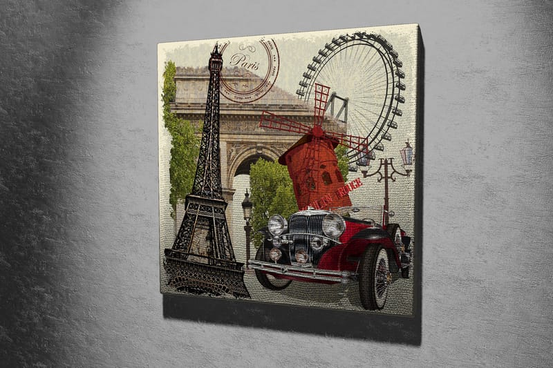 Lerretsbilde 45x45 cm - Paris-inspirert komposisjon med Eiffeltårnet, en rød bil og en vindmølle - Rød / Svart / Grønn - Innredning - Bilder & kunst - Lerretsbilder
