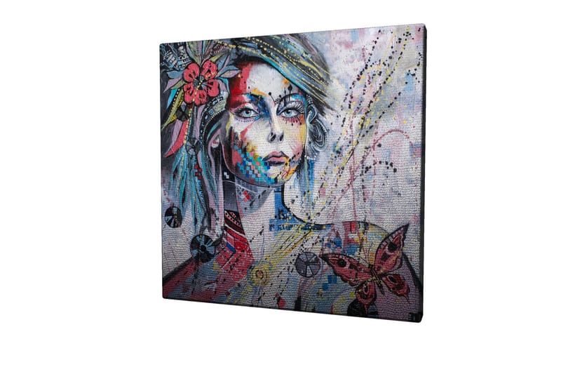 Lerretsbilde 45x45 cm - Portrett av en kvinne med fargerike detaljer og sommerfugler - Rosa / Blå / Grønn - Innredning - Bilder & kunst - Lerretsbilder