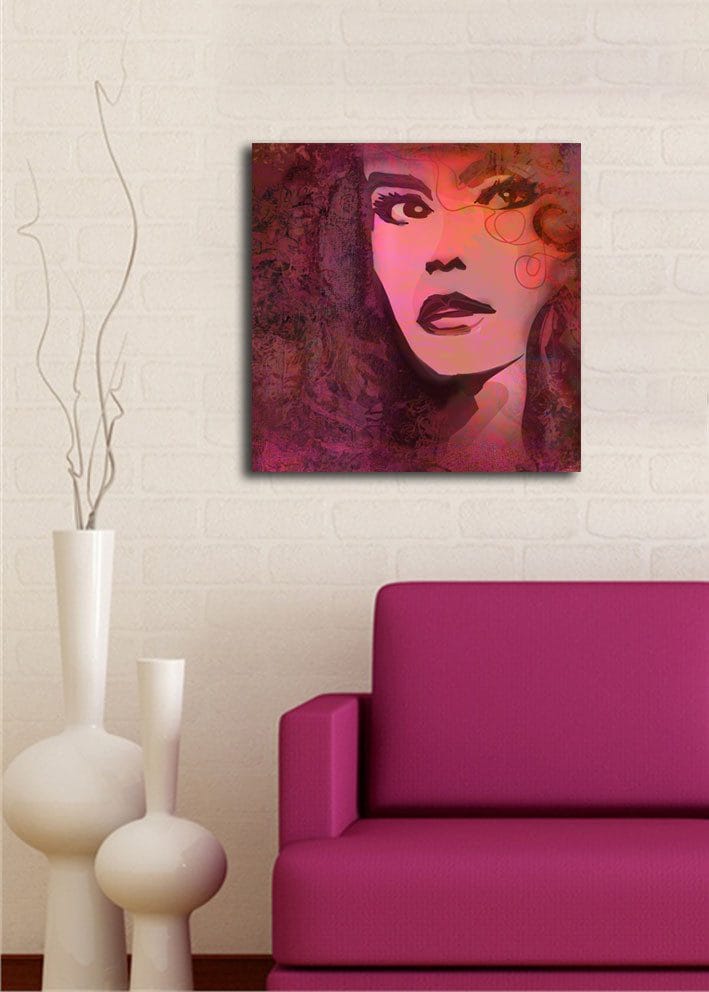 Lerretsbilde 45x45 cm - Portrett av en kvinne med uttrykksfulle ansiktstrekk - Mørk rød / Lilla / Rosa - Innredning - Bilder & kunst - Lerretsbilder