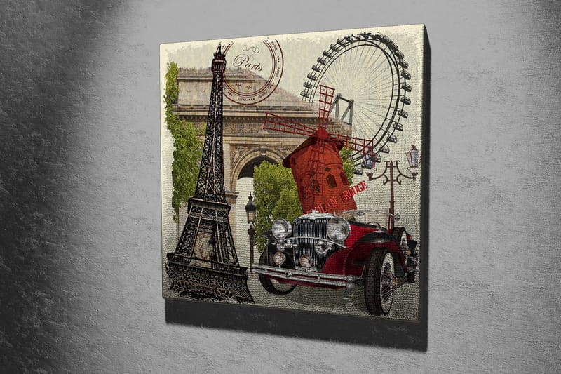 Lerretsbilde 45x45 cm - Paris-inspirert komposisjon med Eiffeltårnet, en rød bil og en vindmølle - Rød / Svart / Grønn - Innredning - Bilder & kunst - Lerretsbilder