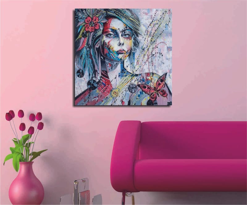 Lerretsbilde 45x45 cm - Portrett av en kvinne med fargerike detaljer og sommerfugler, Rosa / Blå / Grønn
