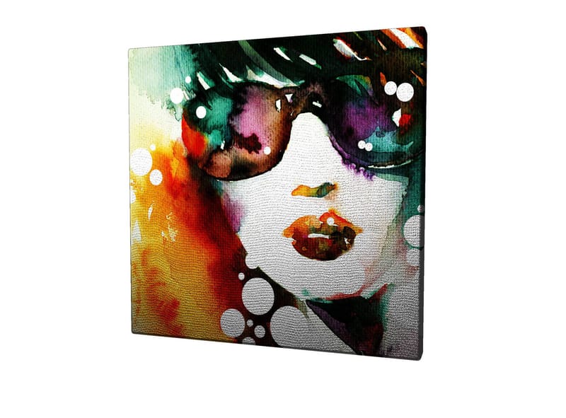 Lerretsbilde 45x45 cm - Portrett av en kvinne med solbriller og fargerik bakgrunn, Grønn / Oransje / Lilla