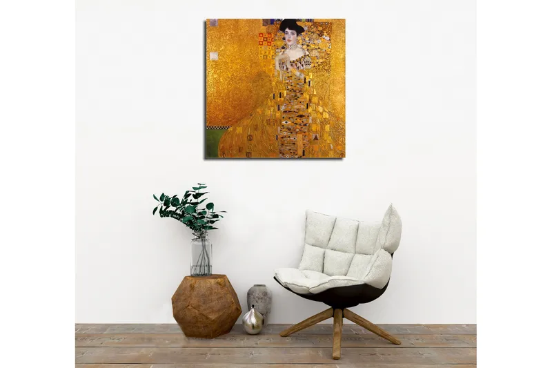 Lerretsbilde 45x45 cm - Portrett av en kvinne i en gyllen kjole med dekorative mønstre - Gull / Svart / Hvit - Innredning - Bilder & kunst - Lerretsbilder