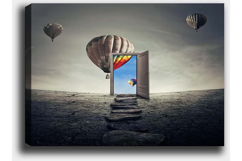Lerretsbilde 70x100 cm - Åpen dør som fører til en fargerik himmel med varmluftsballonger som svever over et goldt landskap - Grå / Beige / Rød - Innredning - Bilder & kunst - Lerretsbilder
