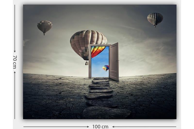 Lerretsbilde 70x100 cm - Åpen dør som fører til en fargerik himmel med varmluftsballonger som svever over et goldt landskap - Grå / Beige / Rød - Innredning - Bilder & kunst - Lerretsbilder