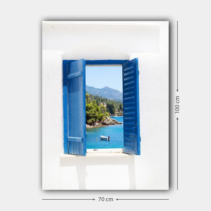 Lerretsbilde 70x100 cm - Åpen vindusskodde som gir utsikt over en blå innsjø og omkringliggende grøntområder - Blå / Grønn / Hvit - Innredning - Bilder & kunst - Lerretsbilder