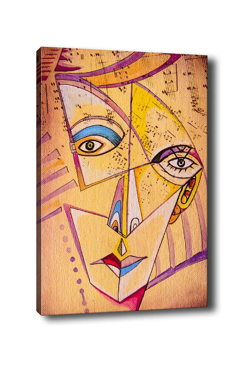 Lerretsbilde 70x100 cm - Abstrakt ansikt med geometriske former og sterke farger, Gul / Blå / Rosa