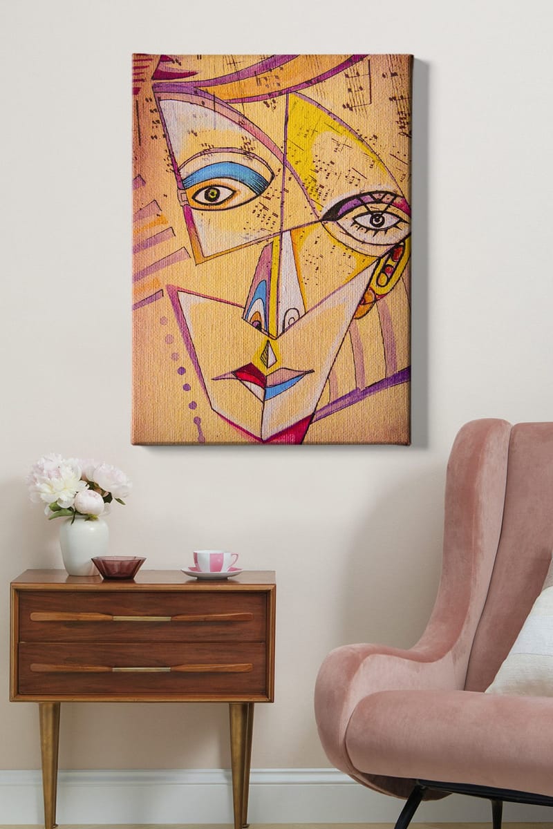 Lerretsbilde 70x100 cm - Abstrakt ansikt med geometriske former og sterke farger - Gul / Blå / Rosa - Innredning - Bilder & kunst - Lerretsbilder