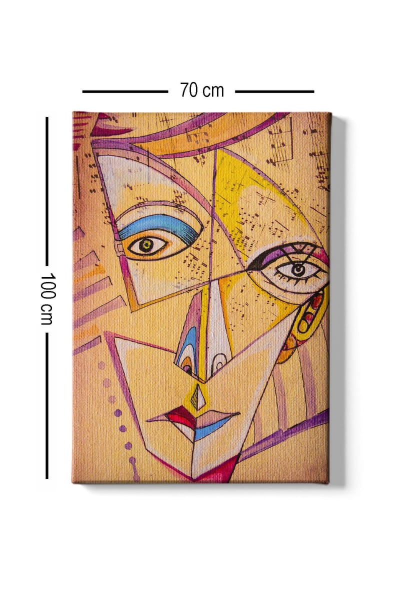 Lerretsbilde 70x100 cm - Abstrakt ansikt med geometriske former og sterke farger - Gul / Blå / Rosa - Innredning - Bilder & kunst - Lerretsbilder