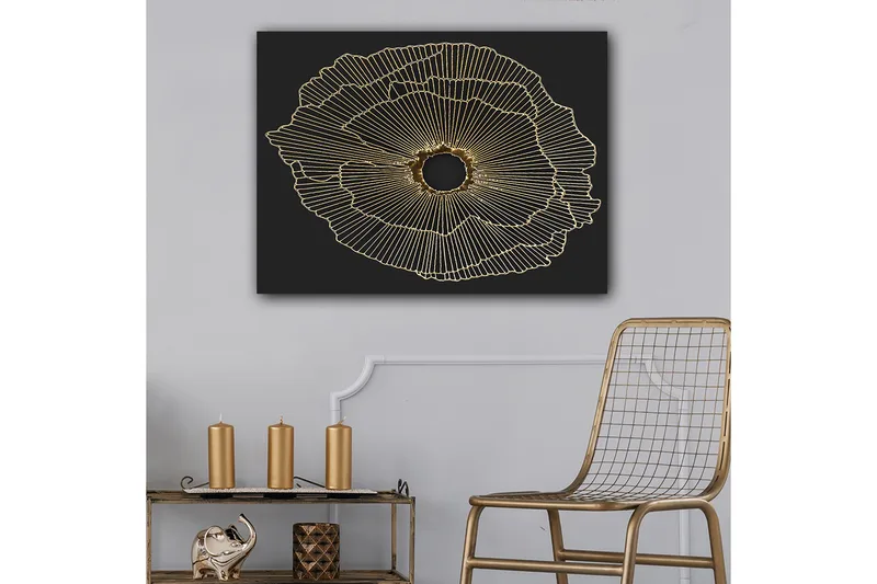 Lerretsbilde 70x100 cm - Abstrakt blomst med gulllinjer på svart bakgrunn, Gull / Svart