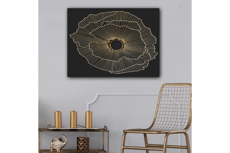 Lerretsbilde 70x100 cm - Abstrakt blomst med gulllinjer på svart bakgrunn - Gull / Svart - Innredning - Bilder & kunst - Lerretsbilder