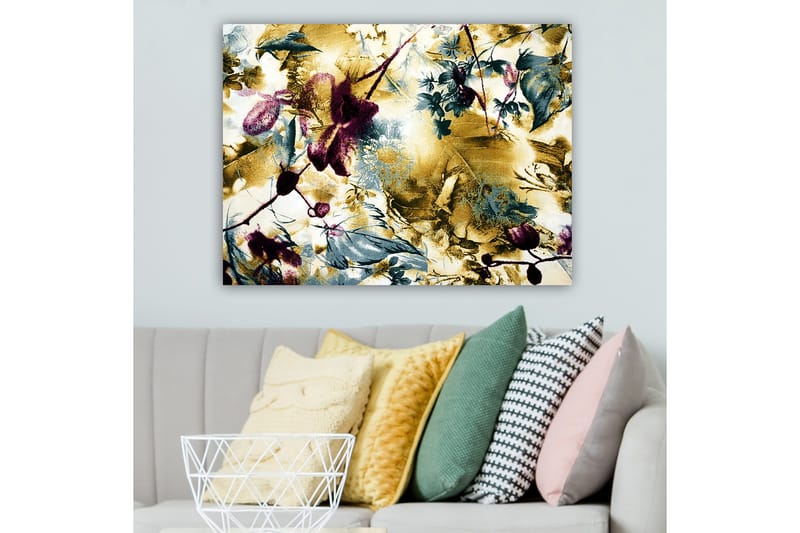 Lerretsbilde 70x100 cm - Abstrakt blomsterdesign med innslag av gull og dype farger - Gull / Mørk rød / Grønn - Innredning - Bilder & kunst - Lerretsbilder