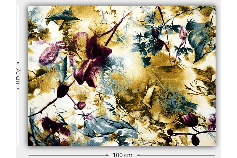 Lerretsbilde 70x100 cm - Abstrakt blomsterdesign med innslag av gull og dype farger - Gull / Mørk rød / Grønn - Innredning - Bilder & kunst - Lerretsbilder