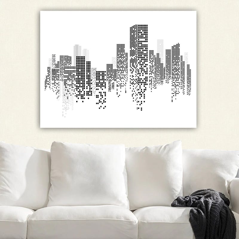 Lerretsbilde 70x100 cm - Abstrakt bybilde i svart-hvitt med pikselmønster - Svart / Hvit / Grå - Innredning - Bilder & kunst - Lerretsbilder