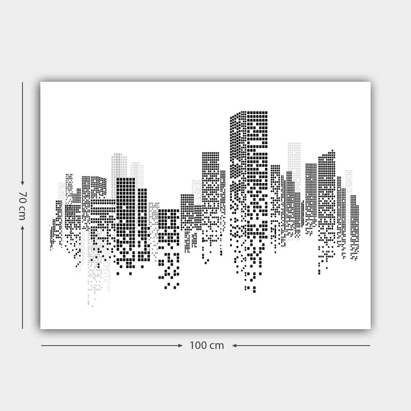 Lerretsbilde 70x100 cm - Abstrakt bybilde i svart-hvitt med pikselmønster - Svart / Hvit / Grå - Innredning - Bilder & kunst - Lerretsbilder