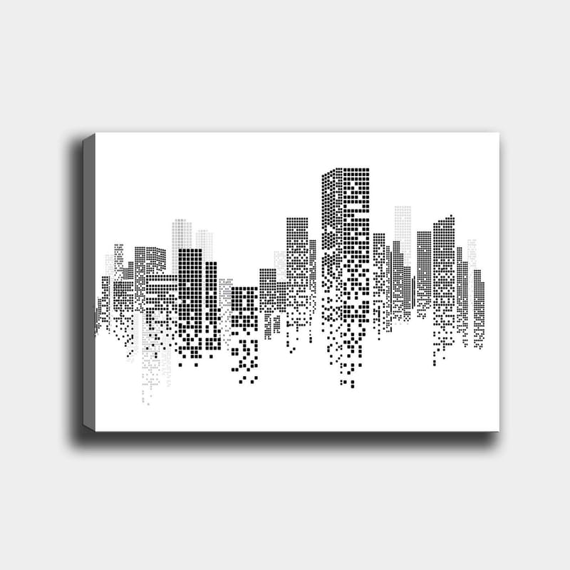 Lerretsbilde 70x100 cm - Abstrakt bybilde i svart-hvitt med pikselmønster - Svart / Hvit / Grå - Innredning - Bilder & kunst - Lerretsbilder