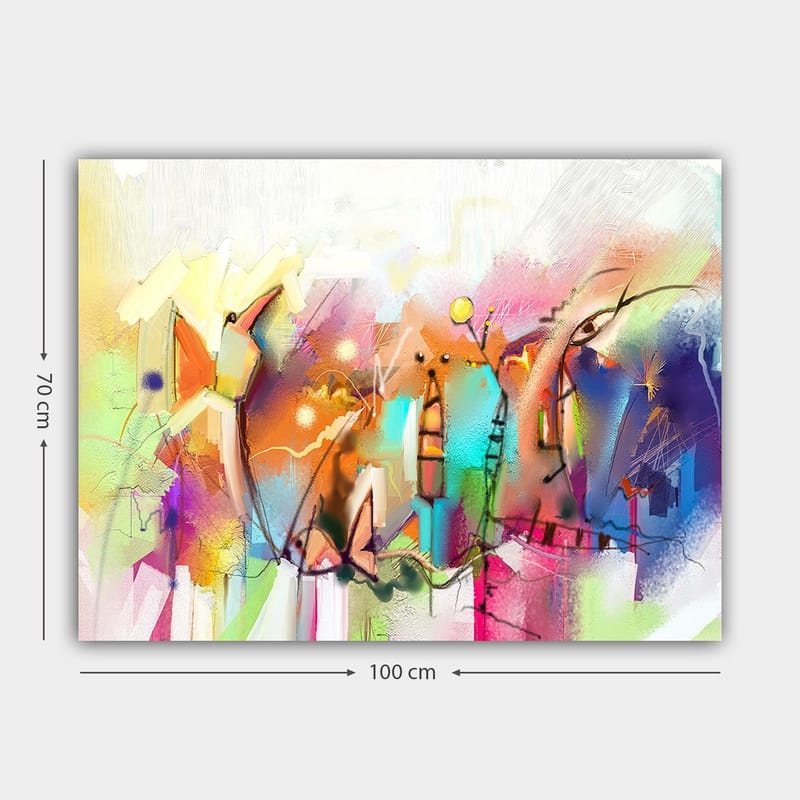 Lerretsbilde 70x100 cm - Abstrakt bymotiv med fargerike bygninger og dynamiske former - Blå / Rosa / Gul - Innredning - Bilder & kunst - Lerretsbilder