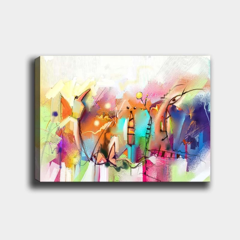 Lerretsbilde 70x100 cm - Abstrakt bymotiv med fargerike bygninger og dynamiske former - Blå / Rosa / Gul - Innredning - Bilder & kunst - Lerretsbilder