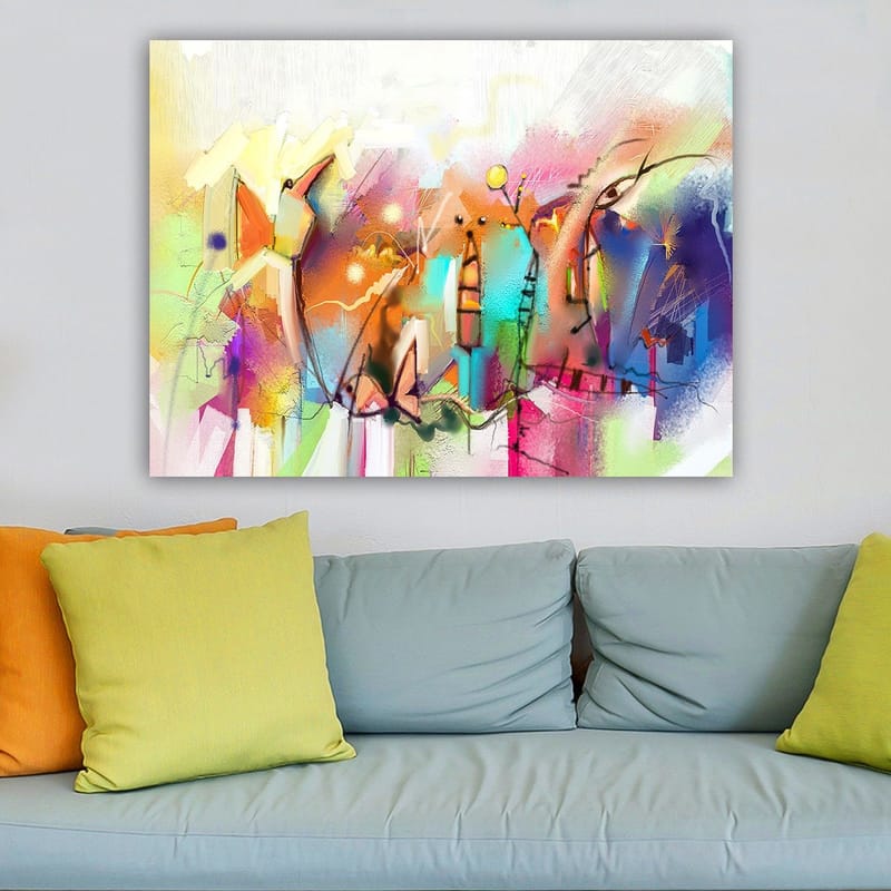 Lerretsbilde 70x100 cm - Abstrakt bymotiv med fargerike bygninger og dynamiske former - Blå / Rosa / Gul - Innredning - Bilder & kunst - Lerretsbilder