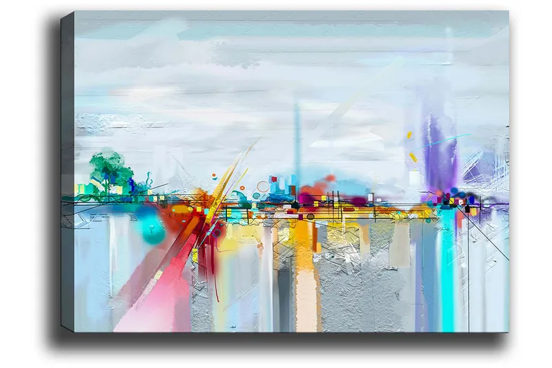 Lerretsbilde 70x100 cm - Abstrakt bysilhuett med fargerike elementer og refleksjoner - Blå / Lilla / Oransje - Innredning - Bilder & kunst - Lerretsbilder