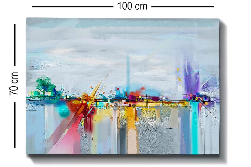Lerretsbilde 70x100 cm - Abstrakt bysilhuett med fargerike elementer og refleksjoner - Blå / Lilla / Oransje - Innredning - Bilder & kunst - Lerretsbilder