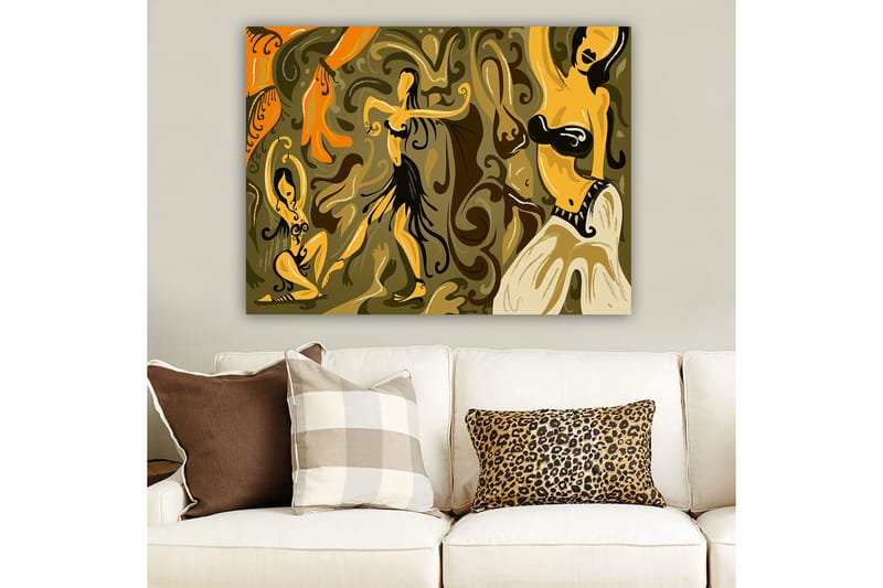 Lerretsbilde 70x100 cm - Abstrakt dansemotiv med kvinnelige figurer i livlige positurer - Gull / Brun / Olivengrønn - Innredning - Bilder & kunst - Lerretsbilder